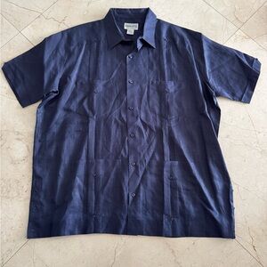 Renato Angi Men's Navy Casual Button Down Cuban Shirt 100% linen